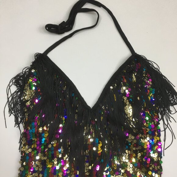 Black MultiColor Sequin Embellished Fringe Dancewear One Piece Costume Romper - Picture 4 of 12